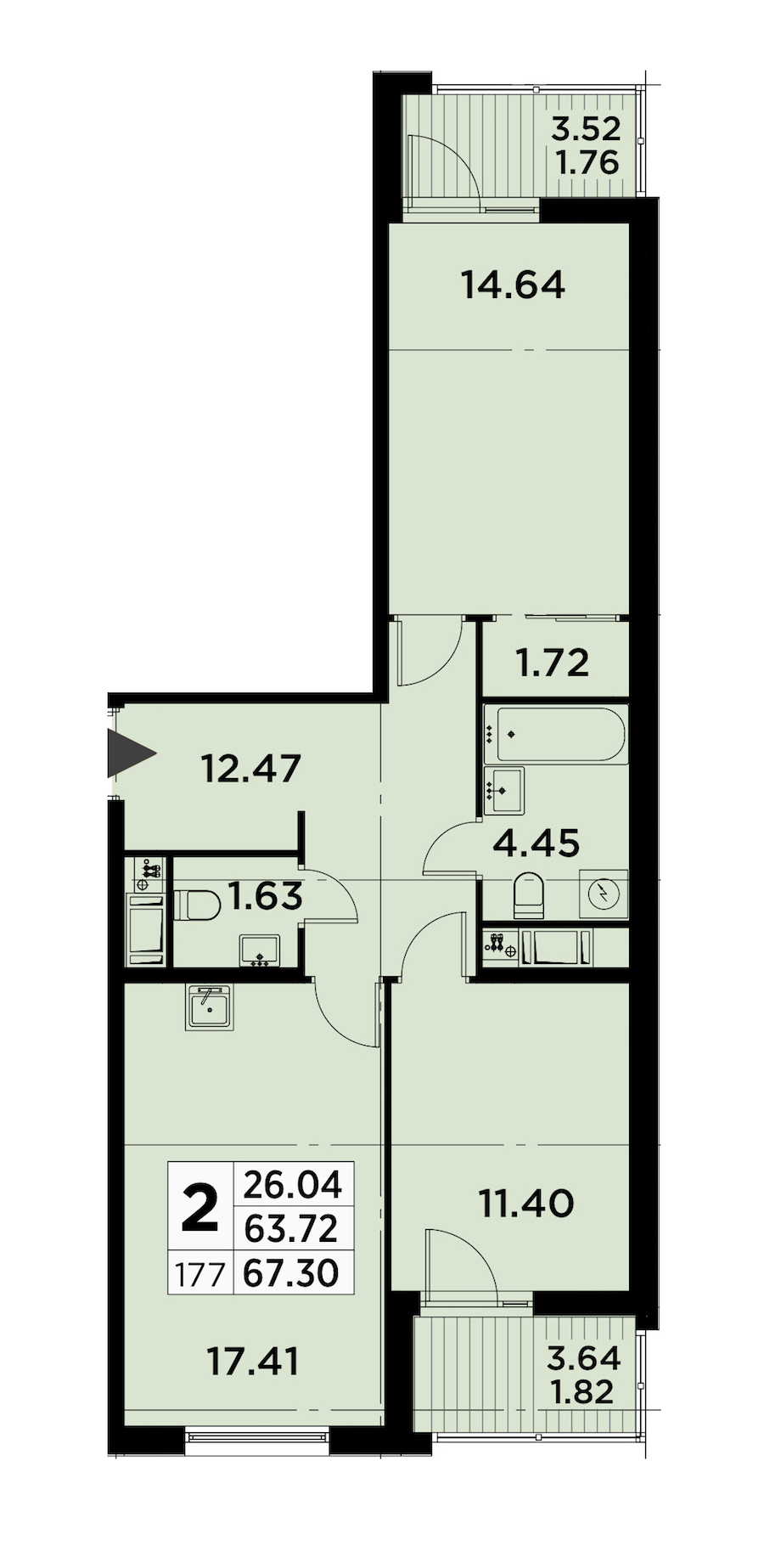 2-комнатная квартира 67.3 м², 6/14 эт., ЖК «GloraX City Zanevsky»